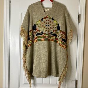 Indigo Thread Southwestern Style Hooded Poncho with Fringe Size 2X New